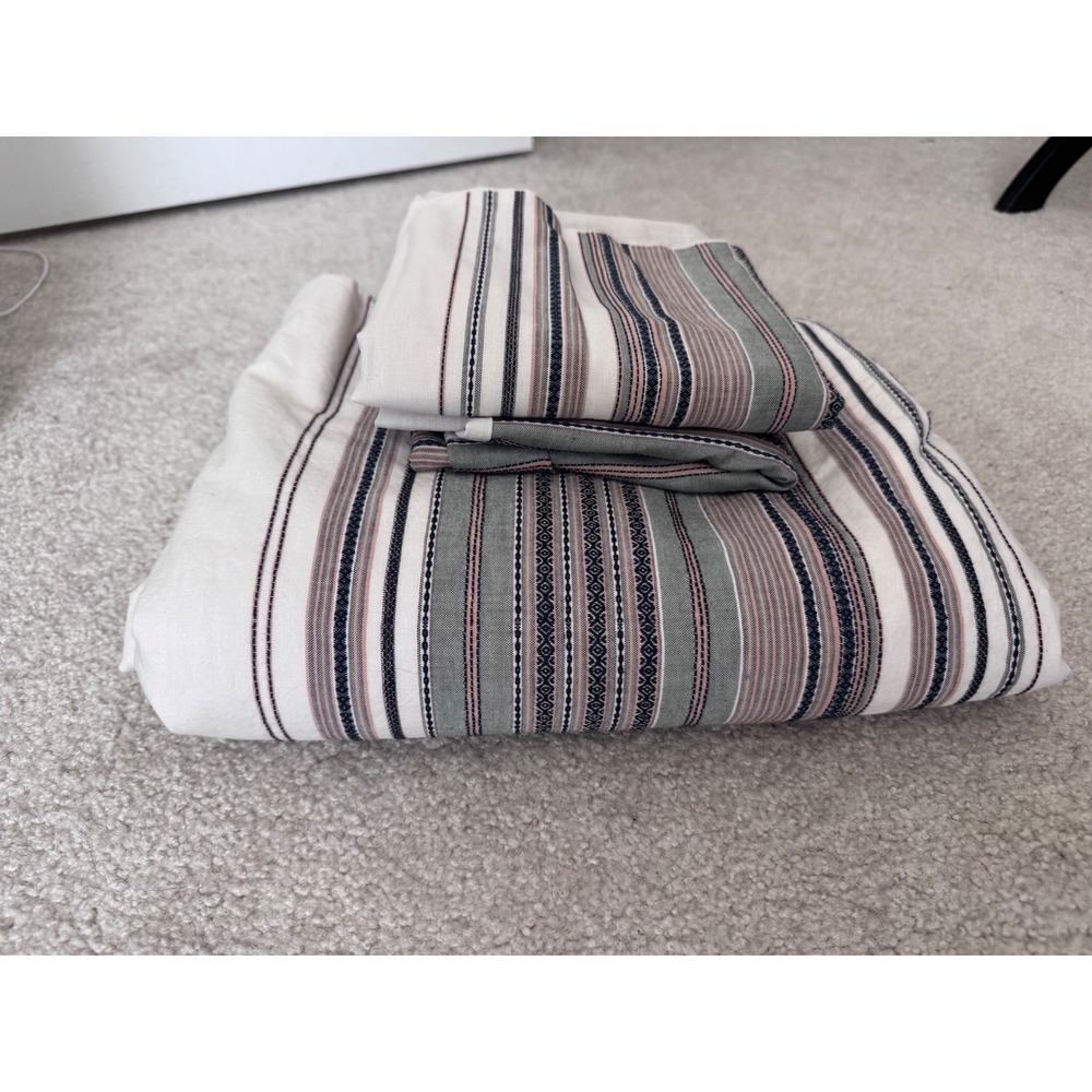 Pottery Barn Organic Cotton Striped Duvet Cover Set 2 Euro Shams Cream Sage Navy